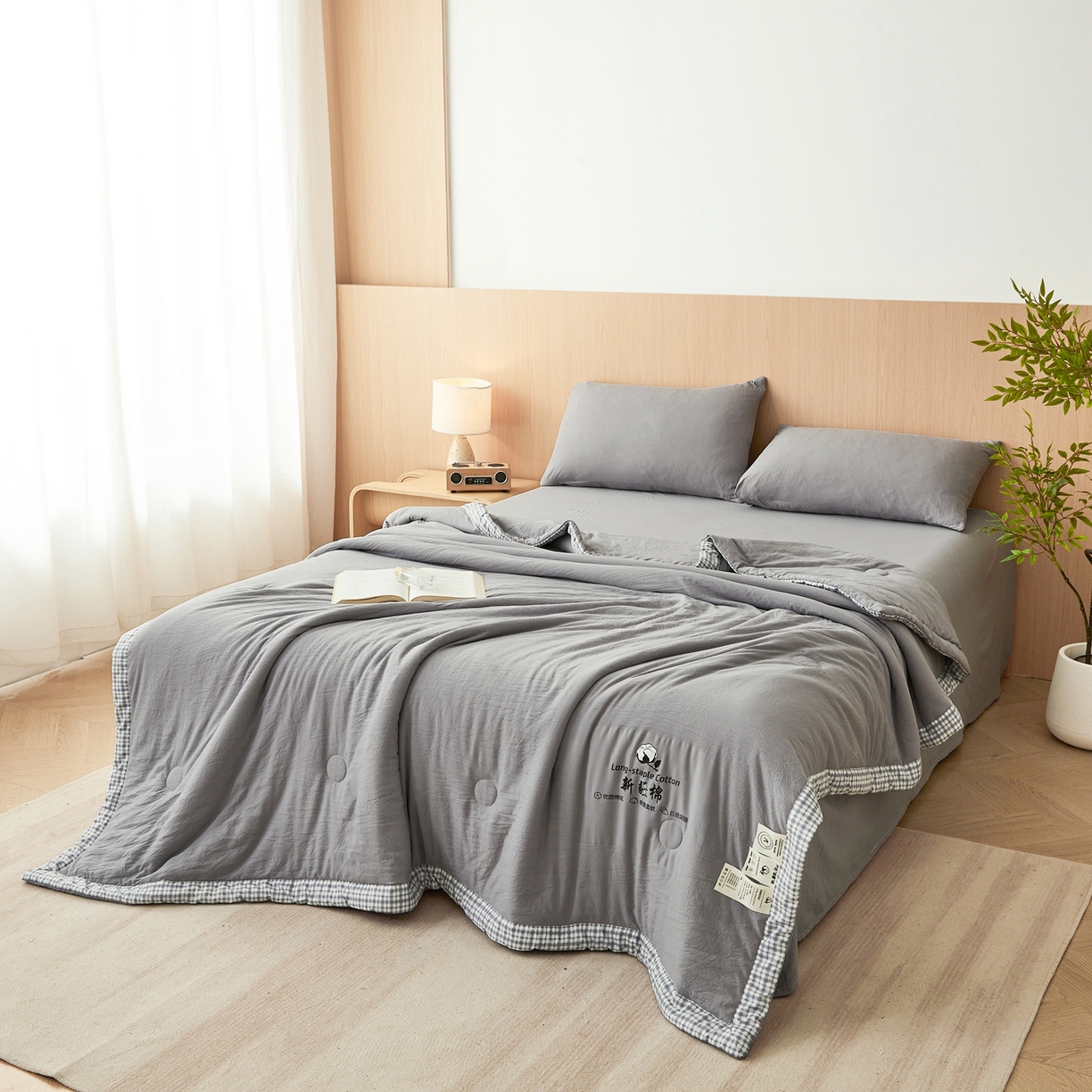 91家纺网 家纺一手货源 找家纺 鸣创 2026新款棉花夏被无印风100%新疆棉花夏凉被手包边空调被 新疆棉-灰色