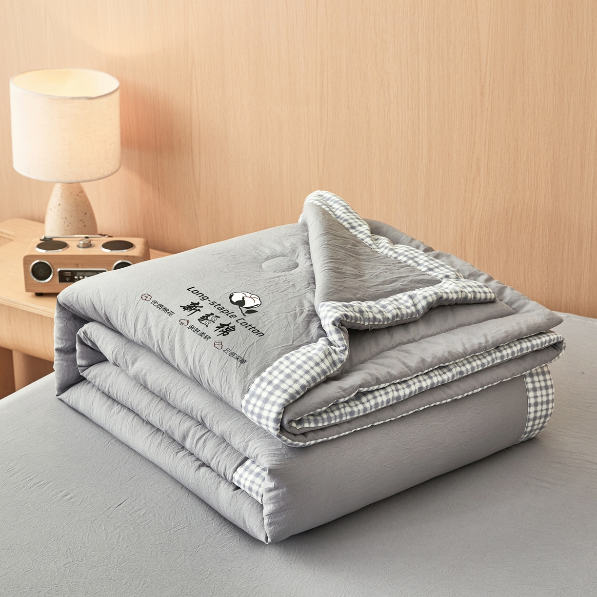 91家纺网 家纺一手货源 找家纺 鸣创 2026新款棉花夏被无印风100%新疆棉花夏凉被手包边空调被 新疆棉-灰色