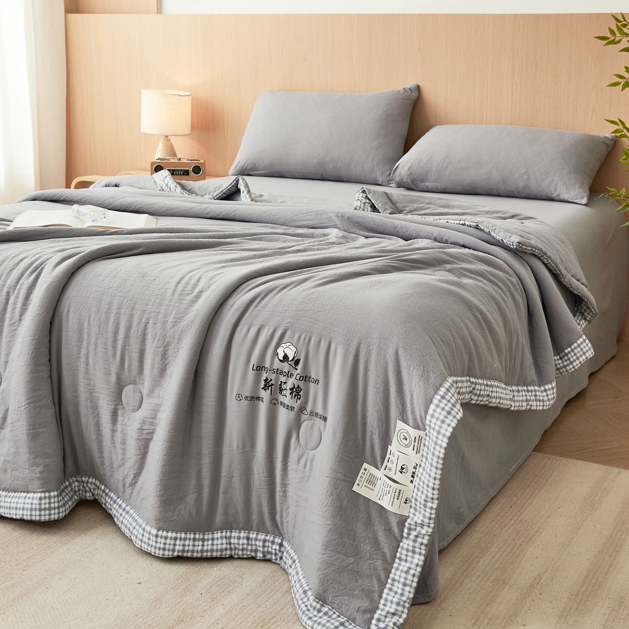 91家纺网 家纺一手货源 找家纺 鸣创 2026新款棉花夏被无印风100%新疆棉花夏凉被手包边空调被 新疆棉-灰色