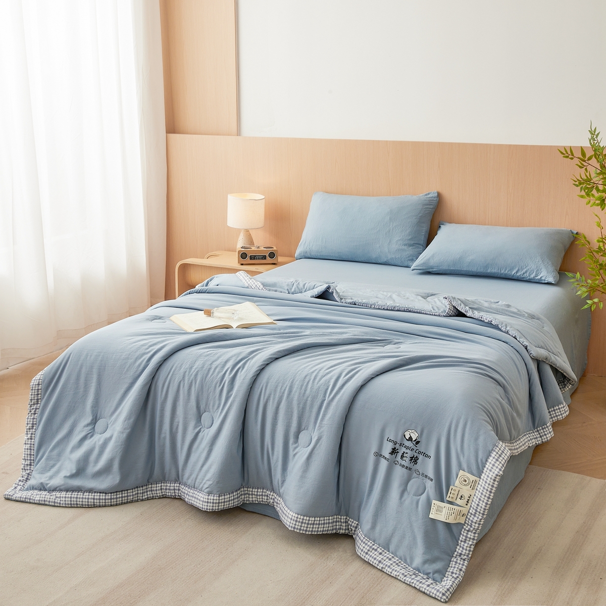 91家纺网 家纺一手货源 找家纺 鸣创 2026新款棉花夏被无印风100%新疆棉花夏凉被手包边空调被 新疆棉-蓝色