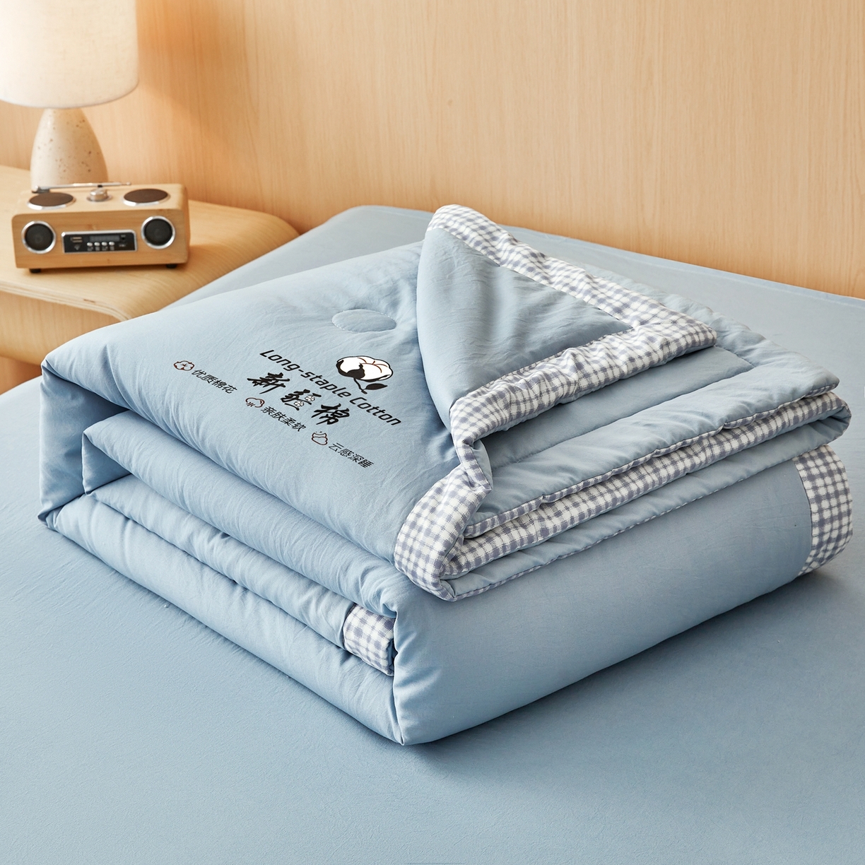 91家纺网 家纺一手货源 找家纺 鸣创 2026新款棉花夏被无印风100%新疆棉花夏凉被手包边空调被 新疆棉-蓝色