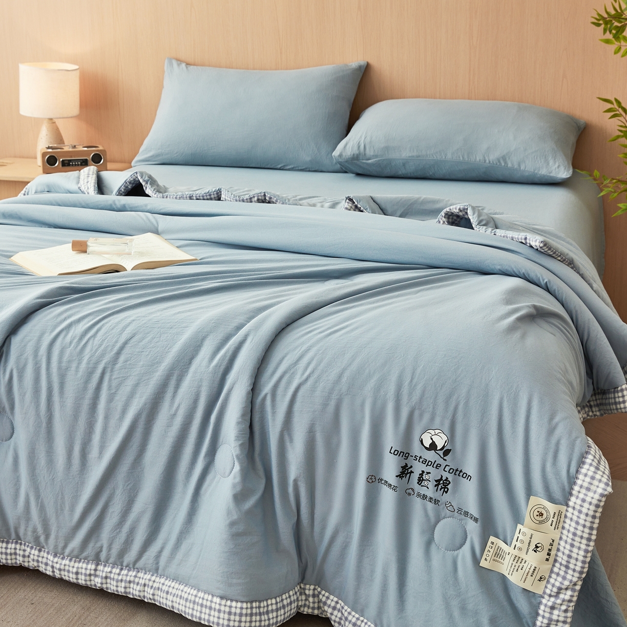 91家纺网 家纺一手货源 找家纺 鸣创 2026新款棉花夏被无印风100%新疆棉花夏凉被手包边空调被 新疆棉-蓝色