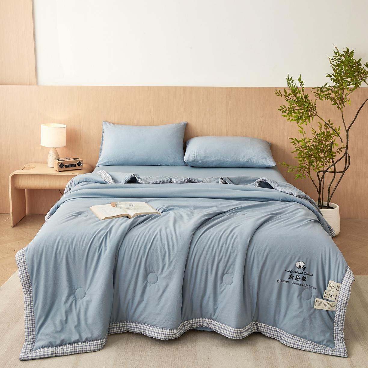 91家纺网 家纺一手货源 找家纺 鸣创 2026新款棉花夏被无印风100%新疆棉花夏凉被手包边空调被 新疆棉-蓝色