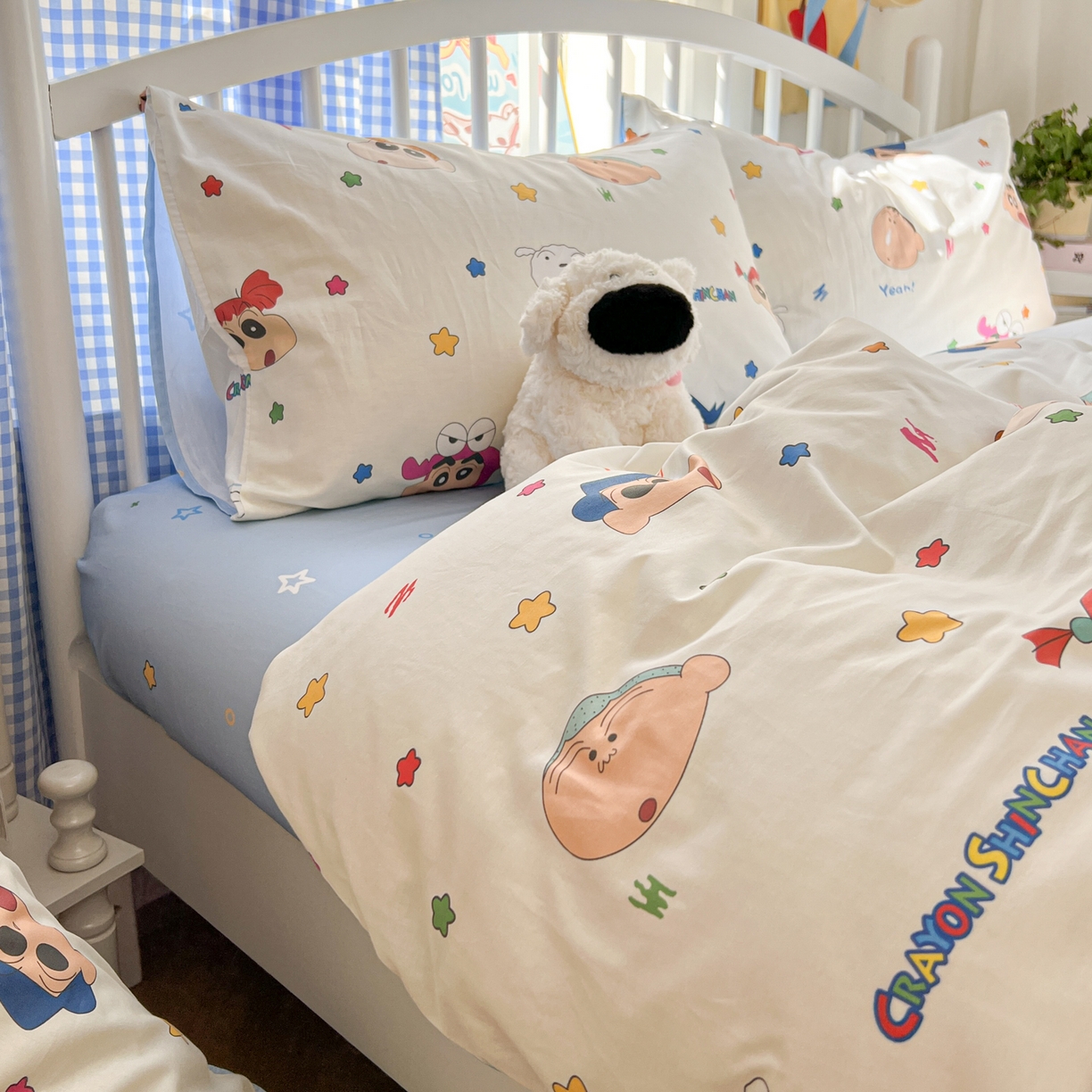 91家纺网 家纺一手货源 找家纺 桃子家居 2026春夏新款蜡笔小新授权全棉纯棉印花卡通系列四件套 棉印花-小新派对