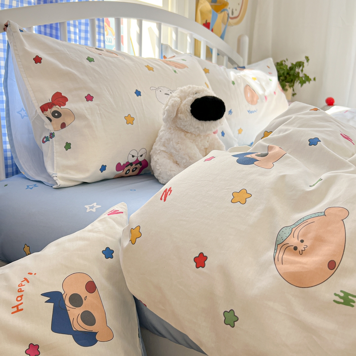 91家纺网 家纺一手货源 找家纺 桃子家居 2026春夏新款蜡笔小新授权全棉纯棉印花卡通系列四件套 棉印花-小新派对