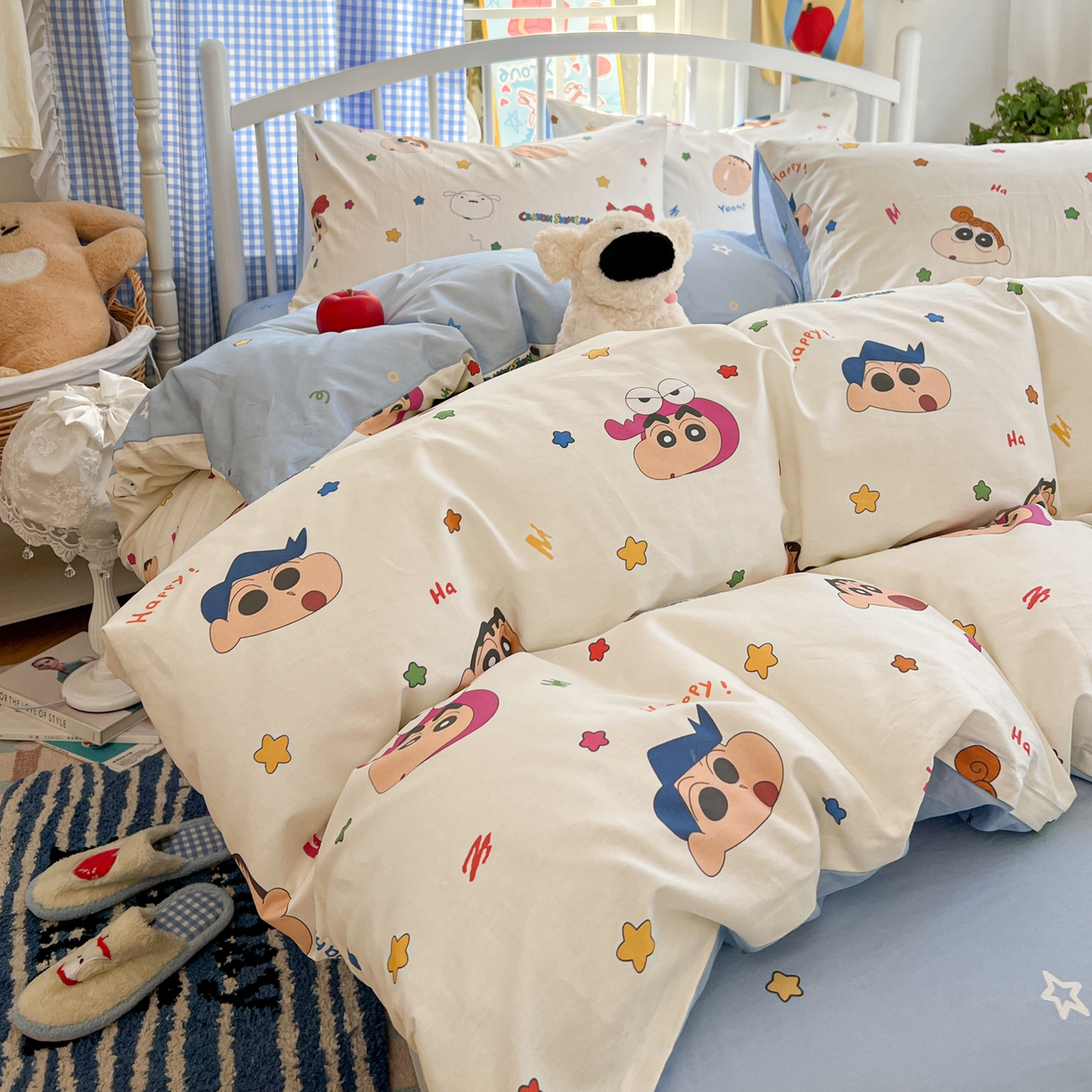91家纺网 家纺一手货源 找家纺 桃子家居 2026春夏新款蜡笔小新授权全棉纯棉印花卡通系列四件套 棉印花-小新派对