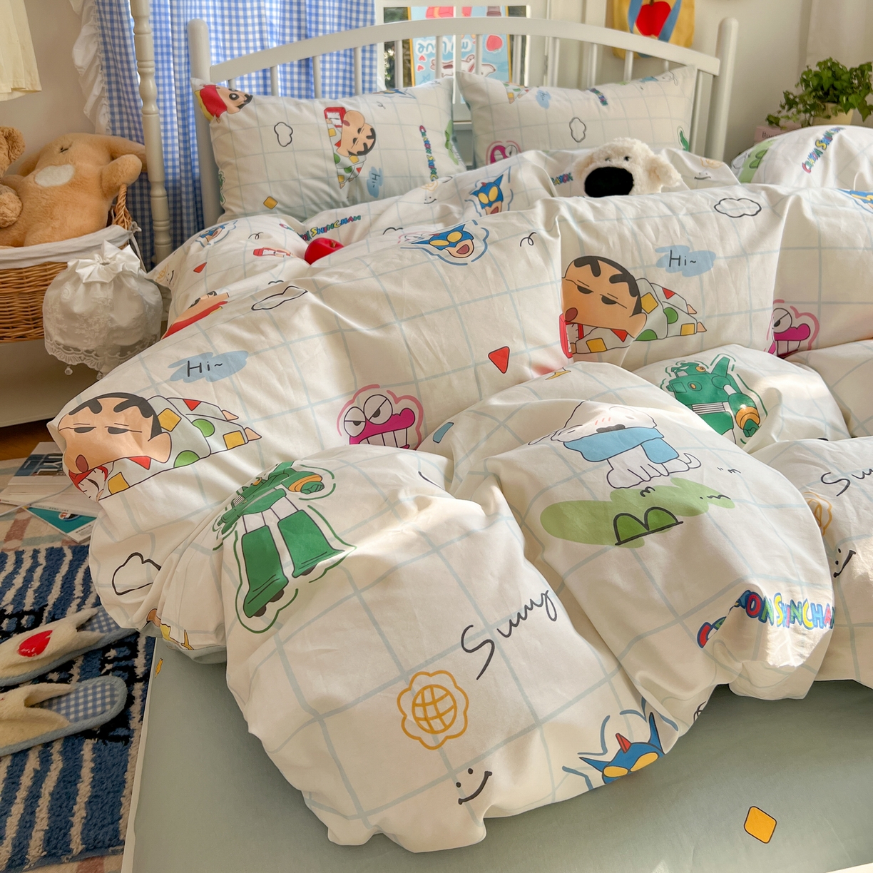 91家纺网 家纺一手货源 找家纺 桃子家居 2026春夏新款蜡笔小新授权全棉纯棉印花卡通系列四件套 棉印花-休闲小新