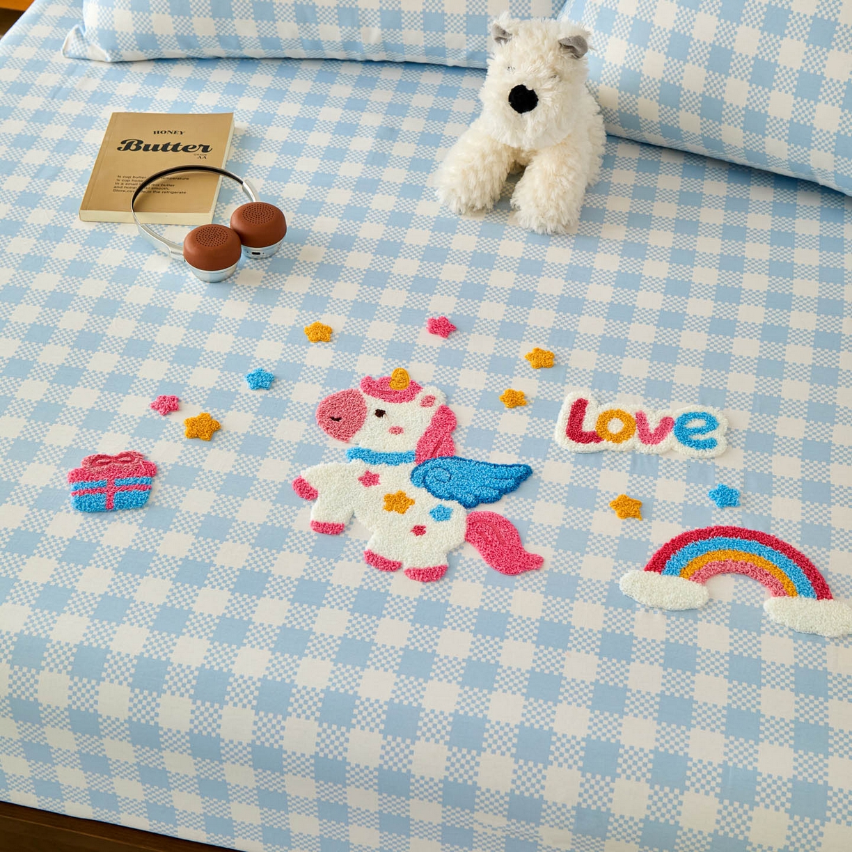 91家纺网 家纺一手货源 找家纺 倾慕家纺 2026新款A类全棉毛巾绣系列单床笠 床笠彩虹马