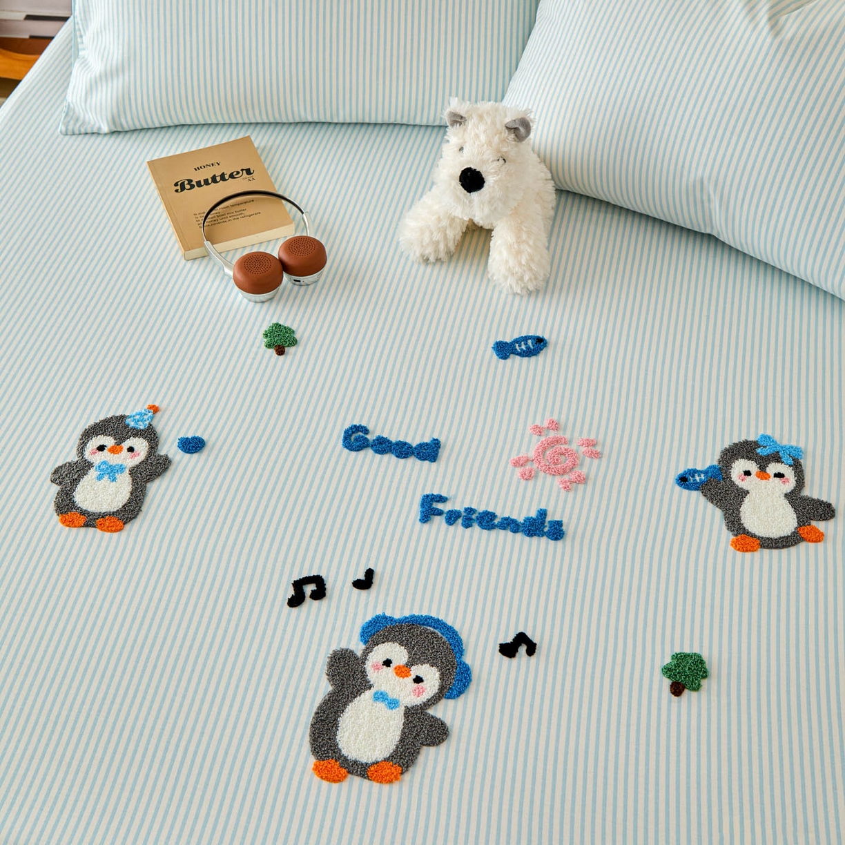 91家纺网 家纺一手货源 找家纺 倾慕家纺 2026新款A类全棉毛巾绣系列单床笠 床笠欢乐企鹅