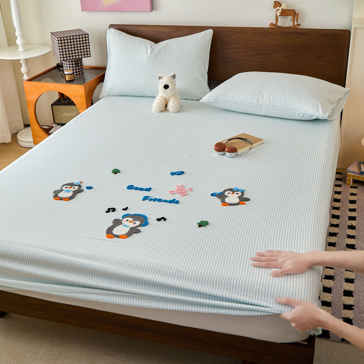 倾慕家纺 2026新款A类全棉毛巾绣系列单床笠 床笠欢乐企鹅