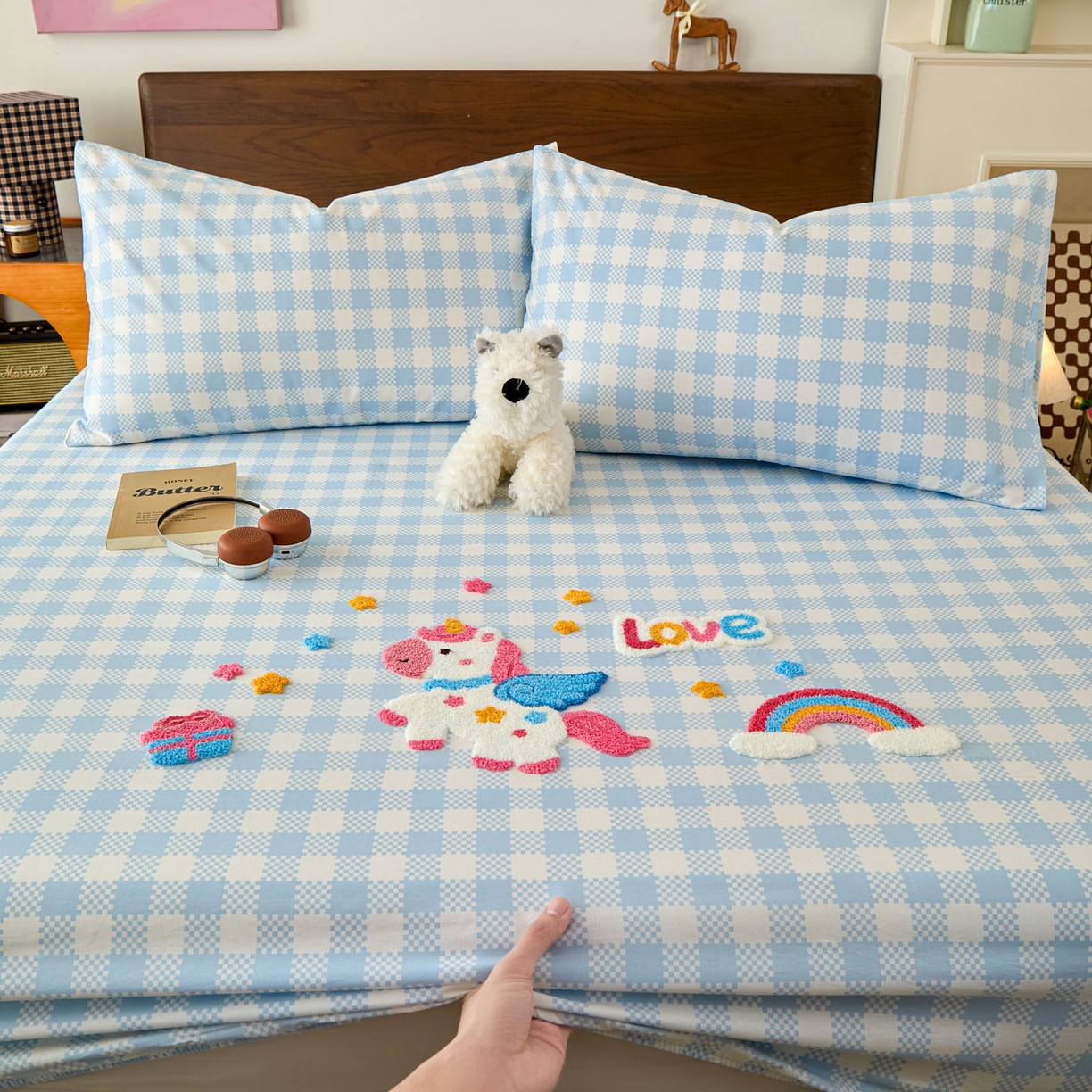 91家纺网 家纺一手货源 找家纺 倾慕家纺 2026新款A类全棉毛巾绣系列单床笠 床笠彩虹马