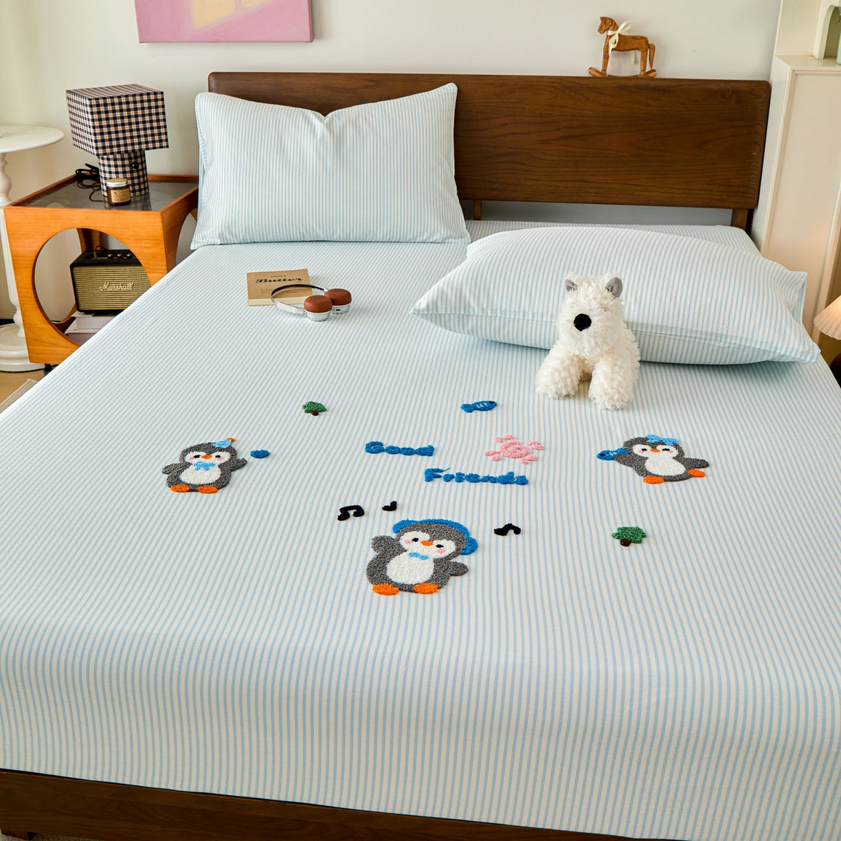 91家纺网 家纺一手货源 找家纺 倾慕家纺 2026新款A类全棉毛巾绣系列单床笠 床笠欢乐企鹅