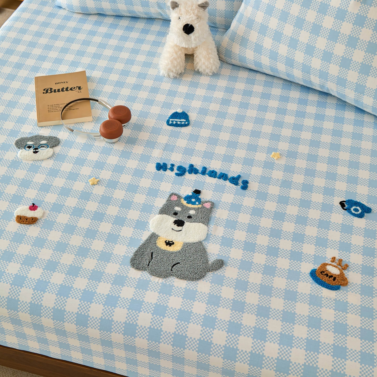 91家纺网 家纺一手货源 找家纺 倾慕家纺 2026新款A类全棉毛巾绣系列单床笠 床笠格子小狗