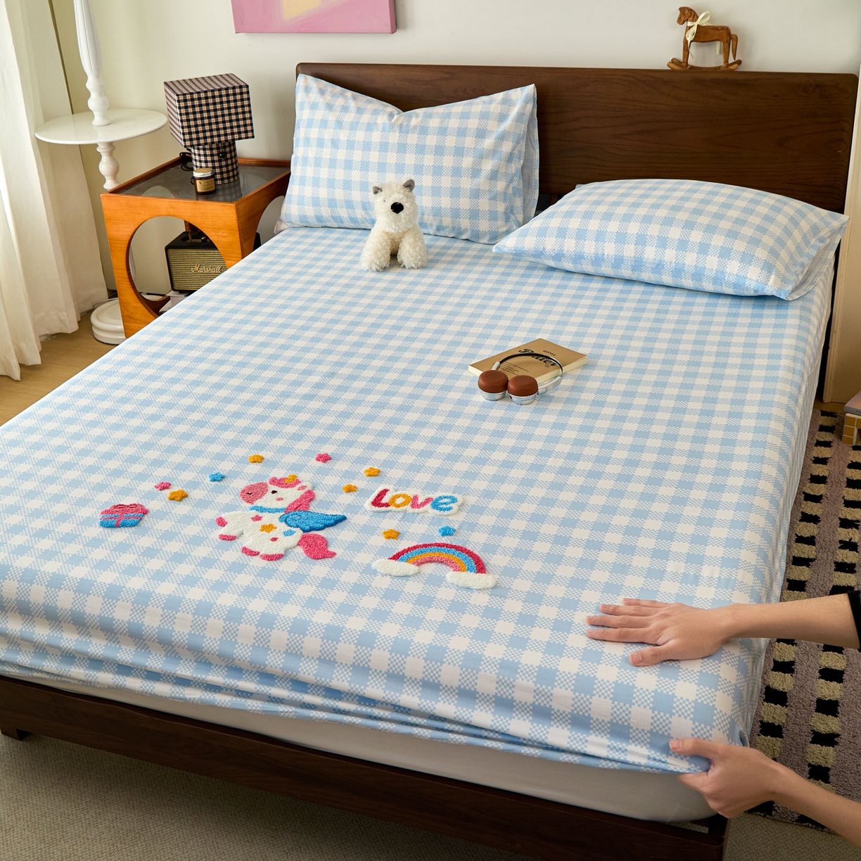 倾慕家纺 2026新款A类全棉毛巾绣系列单床笠 床笠彩虹马