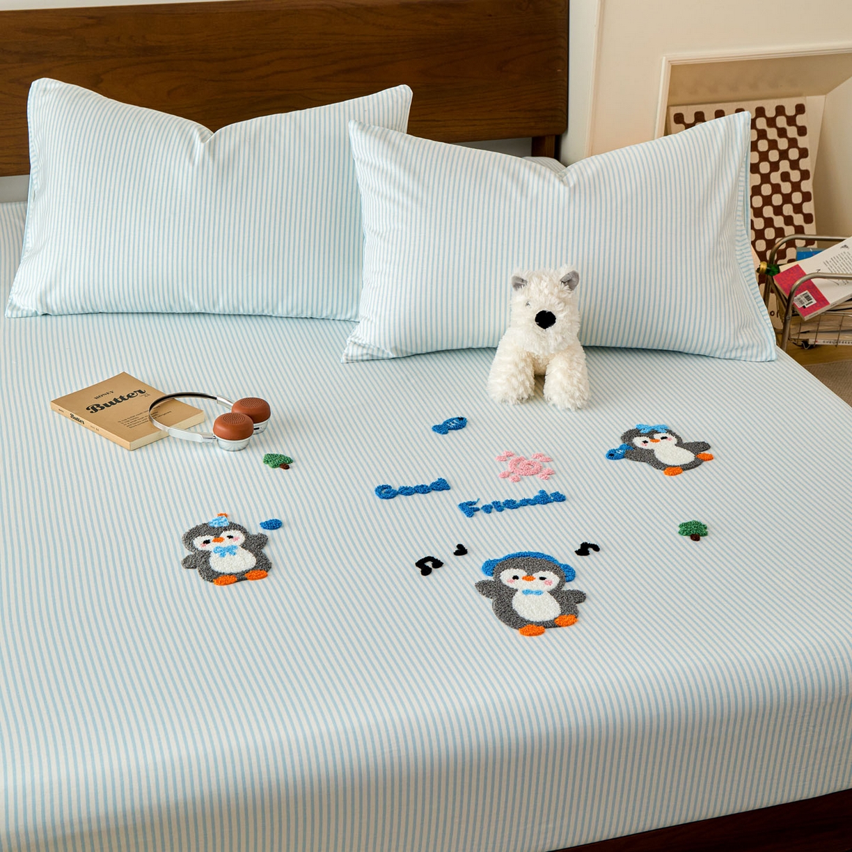 91家纺网 家纺一手货源 找家纺 倾慕家纺 2026新款A类全棉毛巾绣系列单床笠 床笠欢乐企鹅