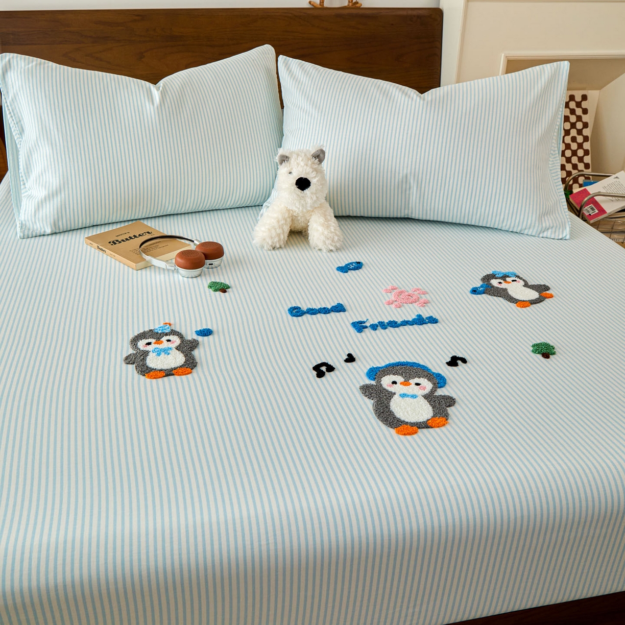 91家纺网 家纺一手货源 找家纺 倾慕家纺 2026新款A类全棉毛巾绣系列单床笠 床笠欢乐企鹅