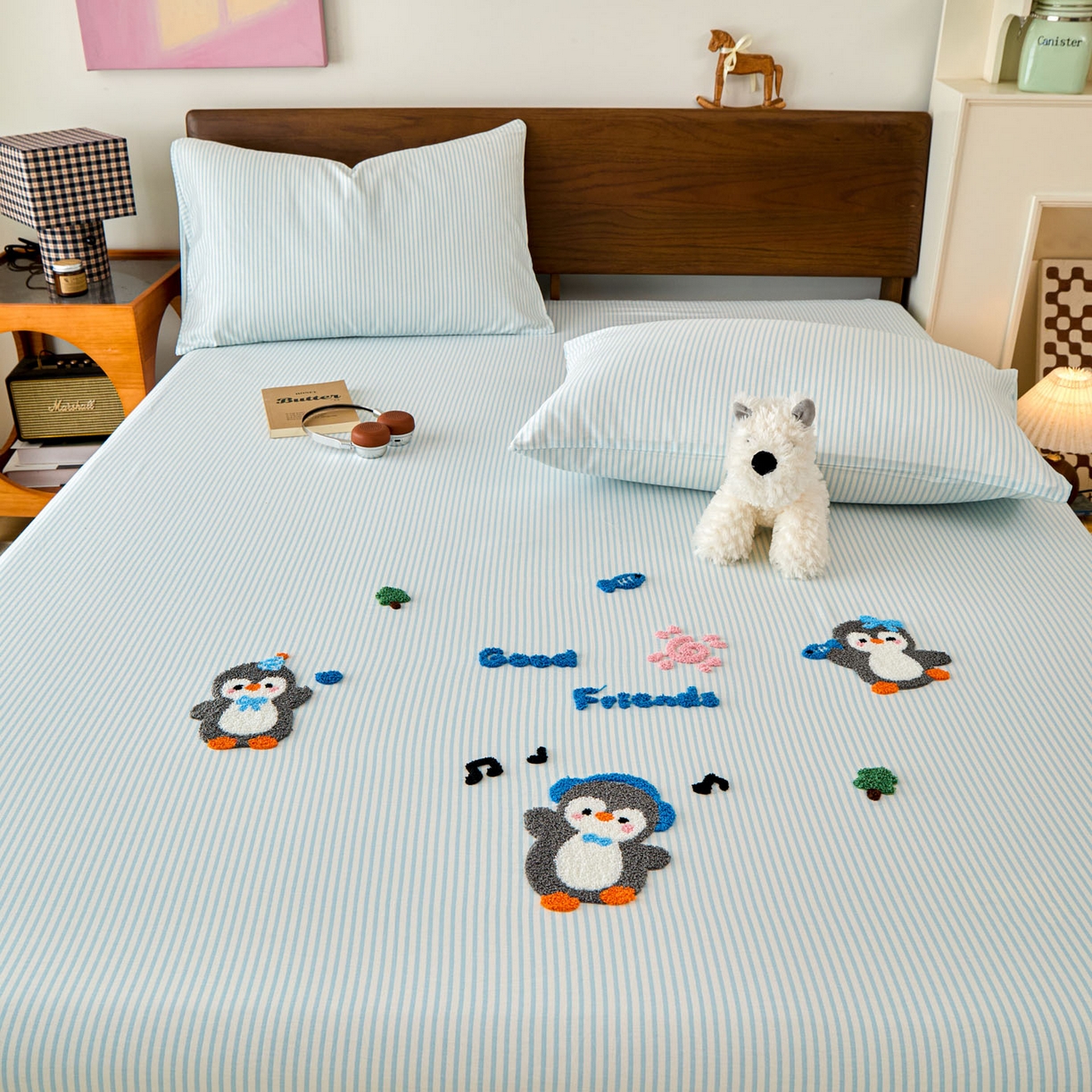 91家纺网 家纺一手货源 找家纺 倾慕家纺 2026新款A类全棉毛巾绣系列单床笠 床笠欢乐企鹅