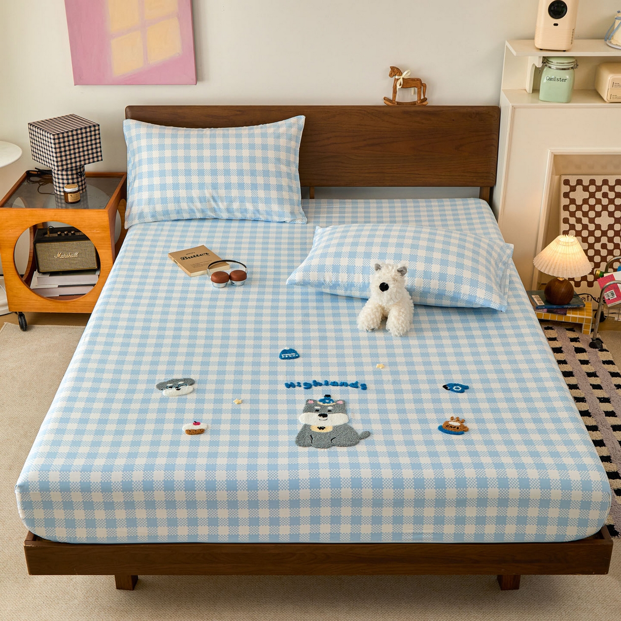 91家纺网 家纺一手货源 找家纺 倾慕家纺 2026新款A类全棉毛巾绣系列单床笠 床笠格子小狗