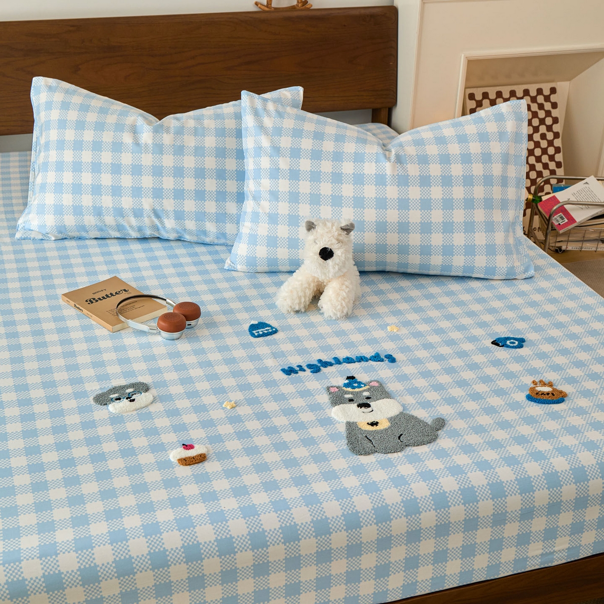 91家纺网 家纺一手货源 找家纺 倾慕家纺 2026新款A类全棉毛巾绣系列单床笠 床笠格子小狗