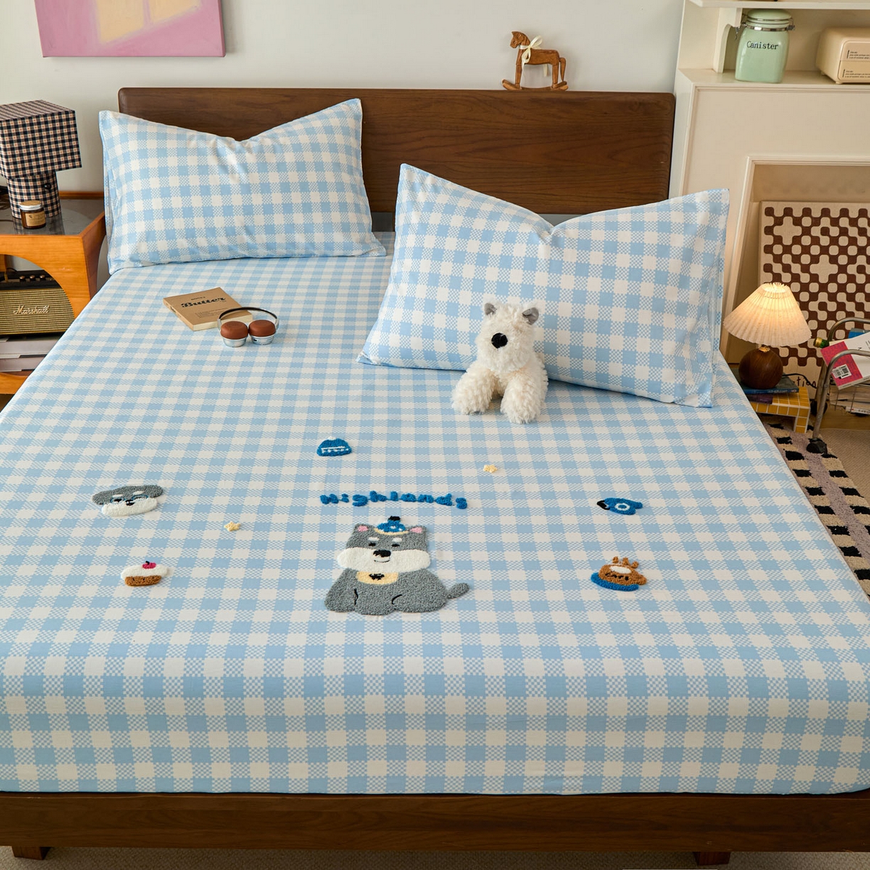 91家纺网 家纺一手货源 找家纺 倾慕家纺 2026新款A类全棉毛巾绣系列单床笠 床笠格子小狗