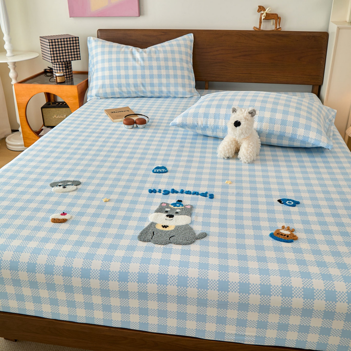 91家纺网 家纺一手货源 找家纺 倾慕家纺 2026新款A类全棉毛巾绣系列单床笠 床笠格子小狗