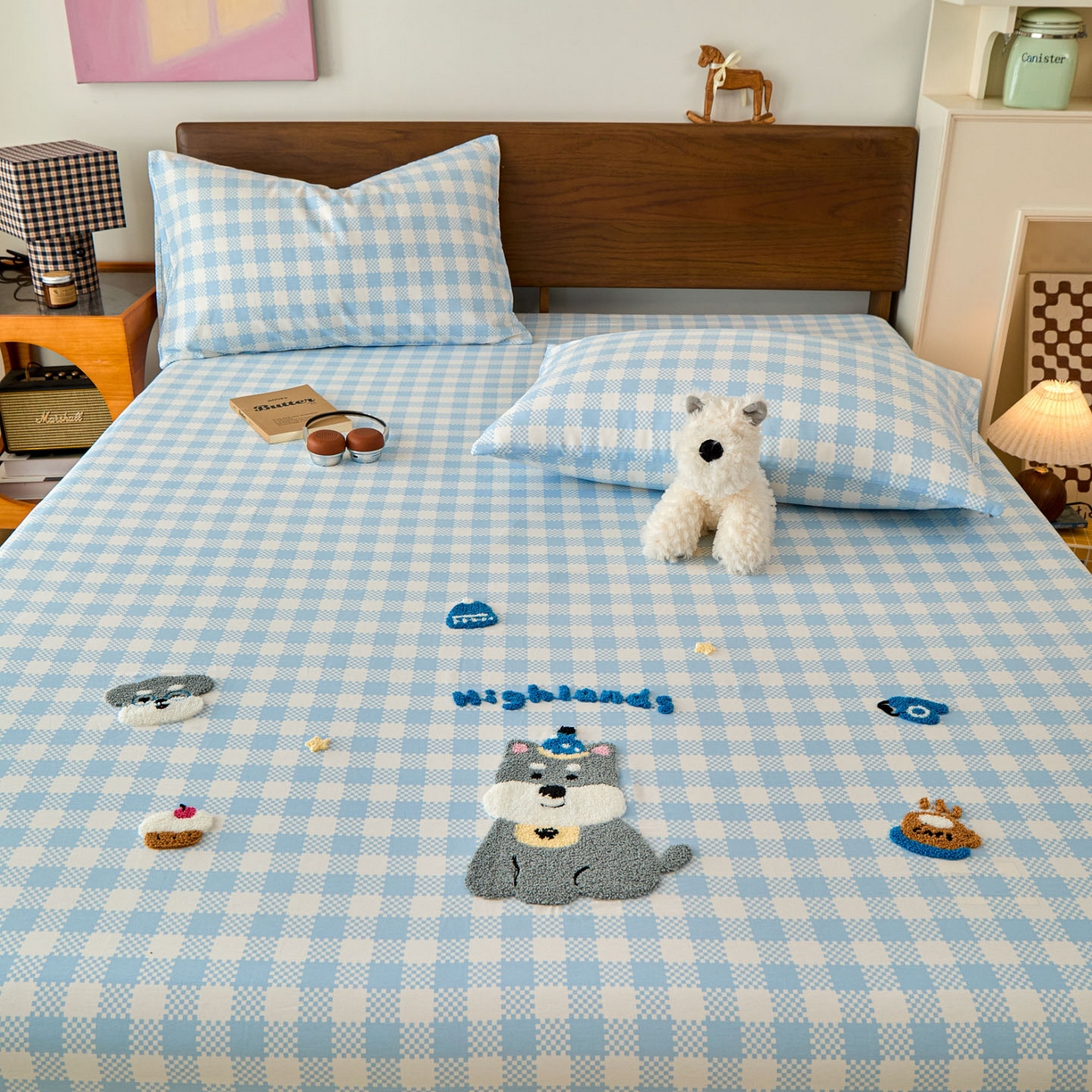 91家纺网 家纺一手货源 找家纺 倾慕家纺 2026新款A类全棉毛巾绣系列单床笠 床笠格子小狗