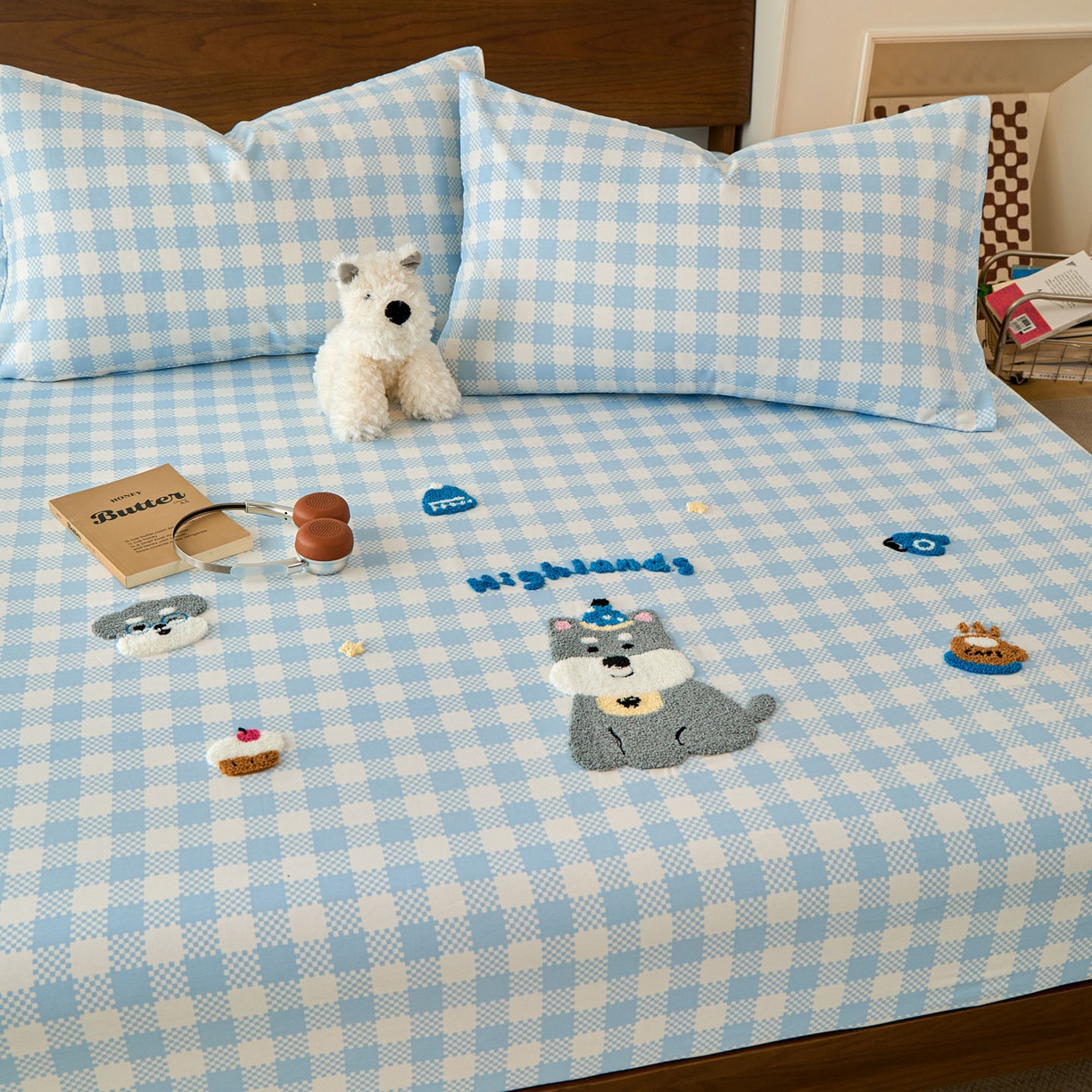 91家纺网 家纺一手货源 找家纺 倾慕家纺 2026新款A类全棉毛巾绣系列单床笠 床笠格子小狗