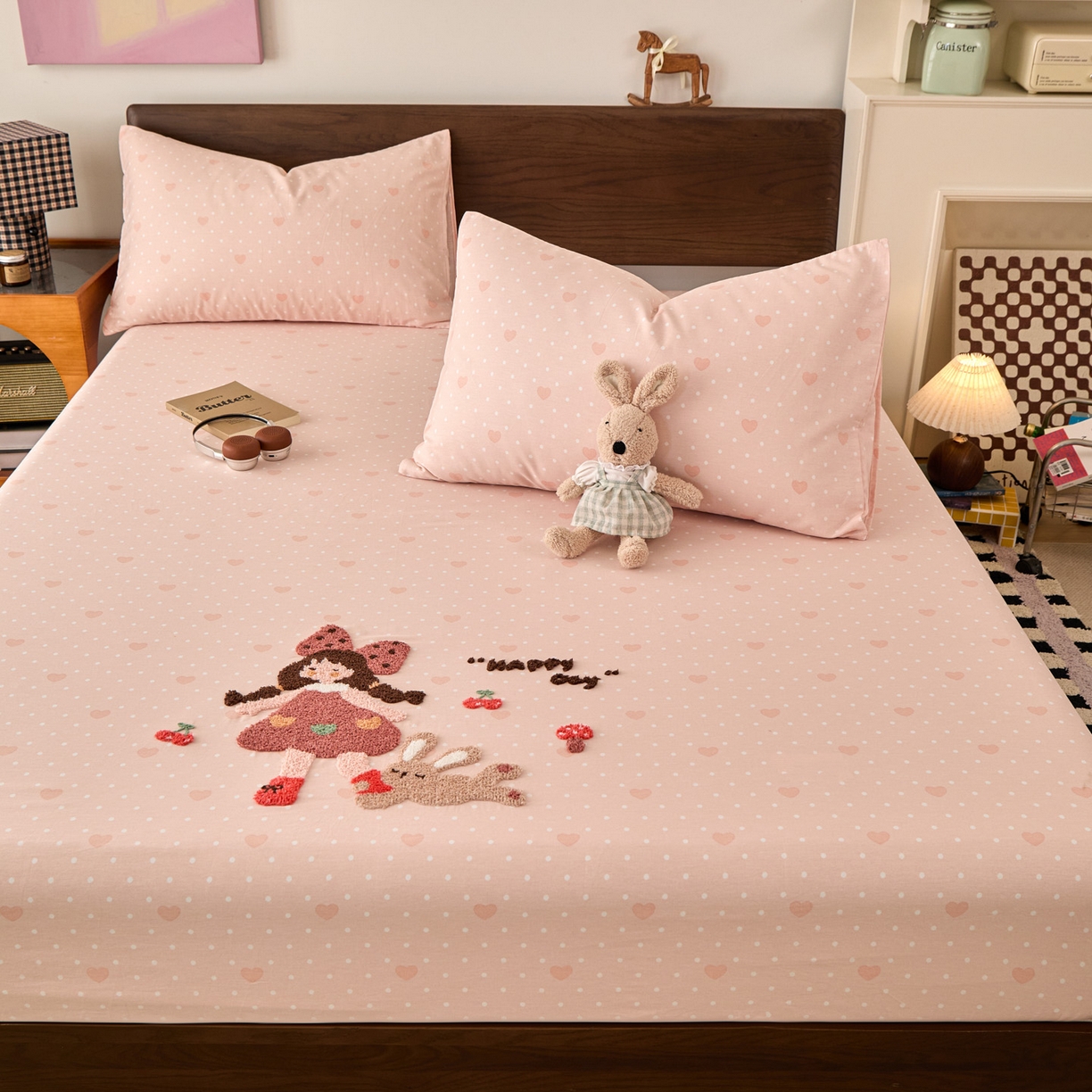 91家纺网 家纺一手货源 找家纺 倾慕家纺 2026新款A类全棉毛巾绣系列单床笠 床笠小兔女孩