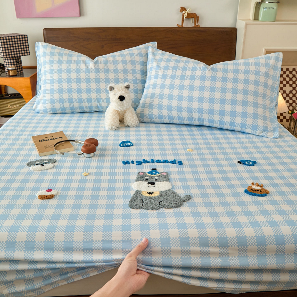 91家纺网 家纺一手货源 找家纺 倾慕家纺 2026新款A类全棉毛巾绣系列单床笠 床笠格子小狗