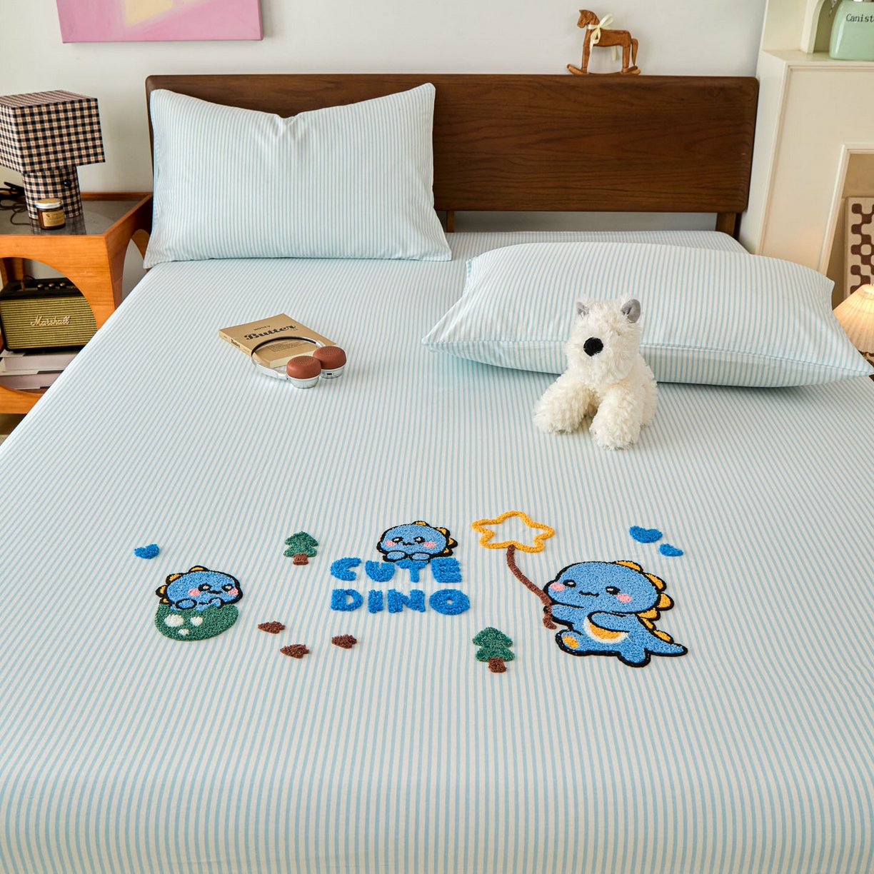 91家纺网 家纺一手货源 找家纺 倾慕家纺 2026新款A类全棉毛巾绣系列单床笠 床笠小树恐龙