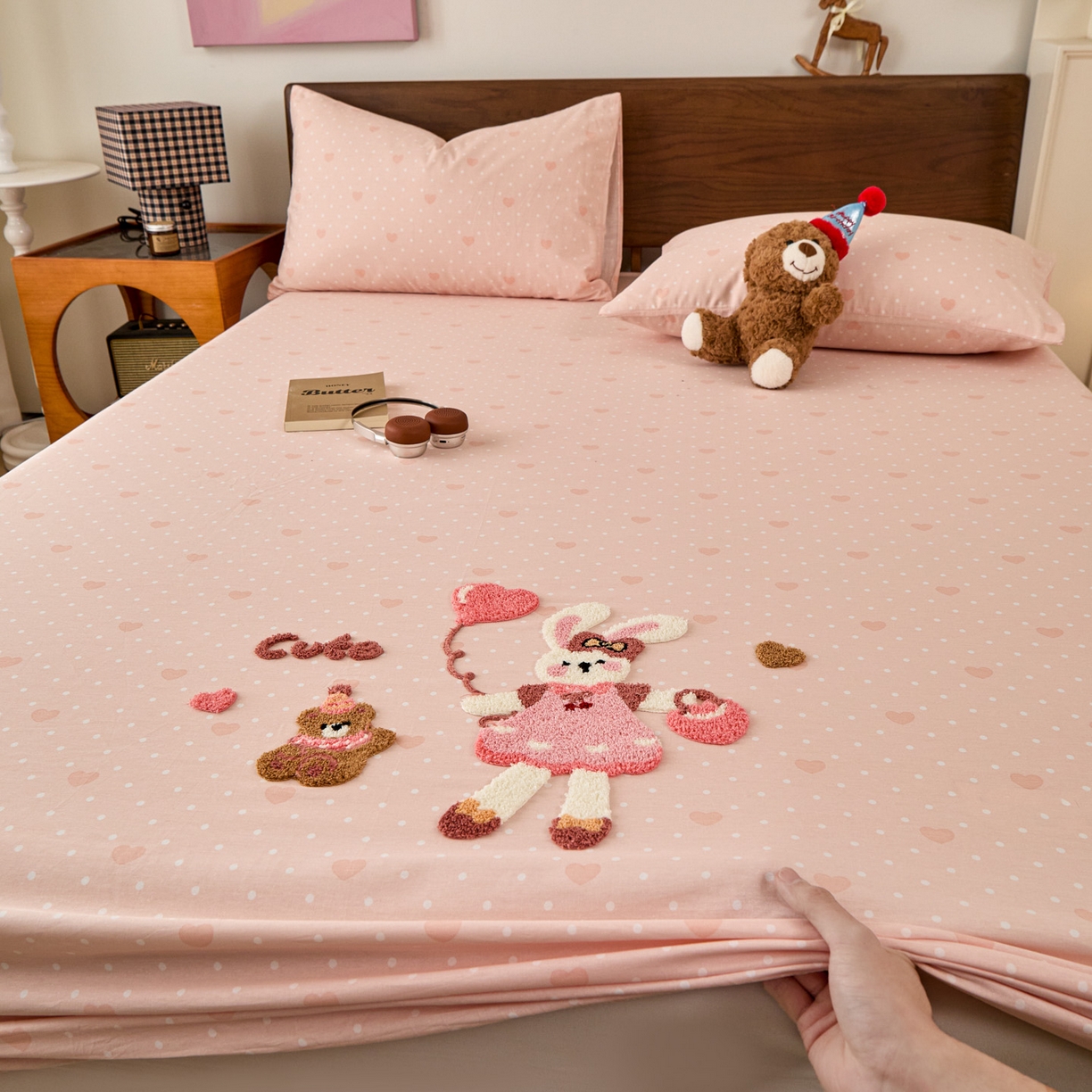 91家纺网 家纺一手货源 找家纺 倾慕家纺 2026新款A类全棉毛巾绣系列单床笠 床笠兔兔熊