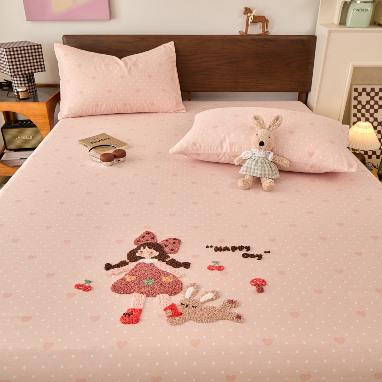 91家纺网 家纺一手货源 找家纺 倾慕家纺 2026新款A类全棉毛巾绣系列单床笠 床笠小兔女孩