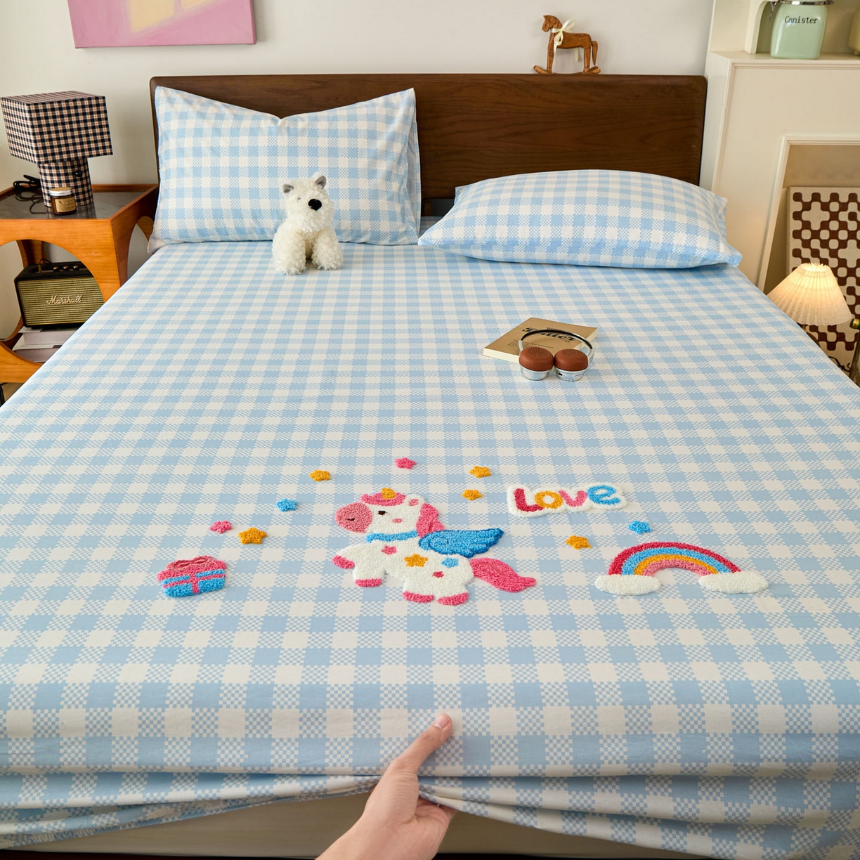 91家纺网 家纺一手货源 找家纺 倾慕家纺 2026新款A类全棉毛巾绣系列单床笠 床笠彩虹马