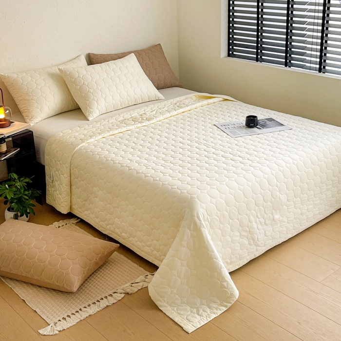 91家纺网 家纺一手货源 找家纺 橙子家居   2026年新款韩系云朵泡芙纯色水洗棉花床盖三件套 云朵泡芙-奶油黄