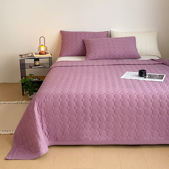 91家纺网 家纺一手货源 找家纺 橙子家居   2026年新款韩系云朵泡芙纯色水洗棉花床盖三件套 云朵泡芙-芋泥紫