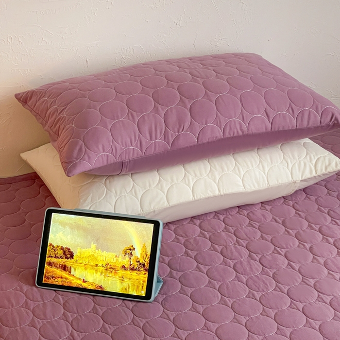 91家纺网 家纺一手货源 找家纺 橙子家居   2026年新款韩系云朵泡芙纯色水洗棉花床盖三件套 云朵泡芙-芋泥紫