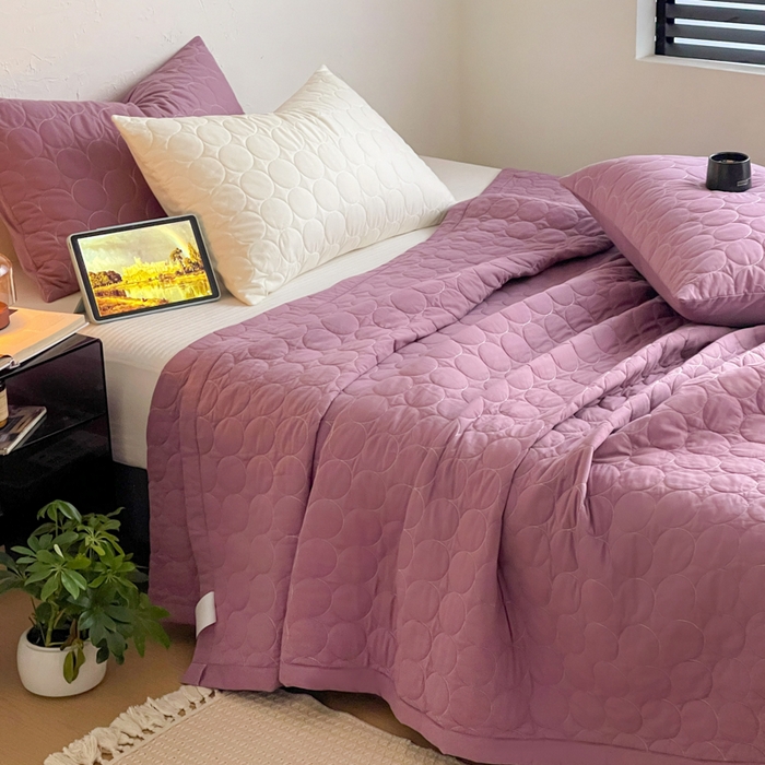 91家纺网 家纺一手货源 找家纺 橙子家居   2026年新款韩系云朵泡芙纯色水洗棉花床盖三件套 云朵泡芙-芋泥紫