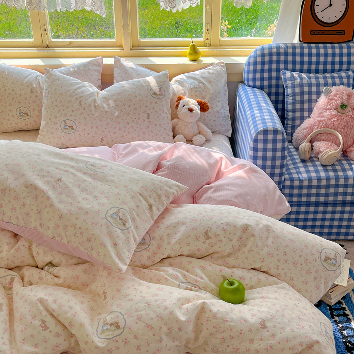 91家纺网 家纺一手货源 找家纺 简约家纺 2026新款全棉斜纹12868四件套系列 粉色花园兔-粉