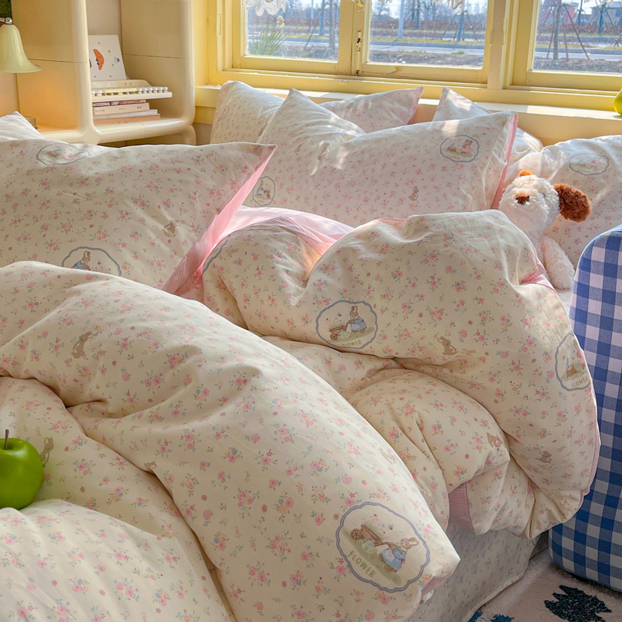 91家纺网 家纺一手货源 找家纺 简约家纺 2026新款全棉斜纹12868四件套系列 粉色花园兔-粉