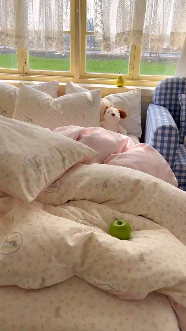 91家纺网 家纺一手货源 找家纺 简约家纺 2026新款全棉斜纹12868四件套系列 粉色花园兔-粉