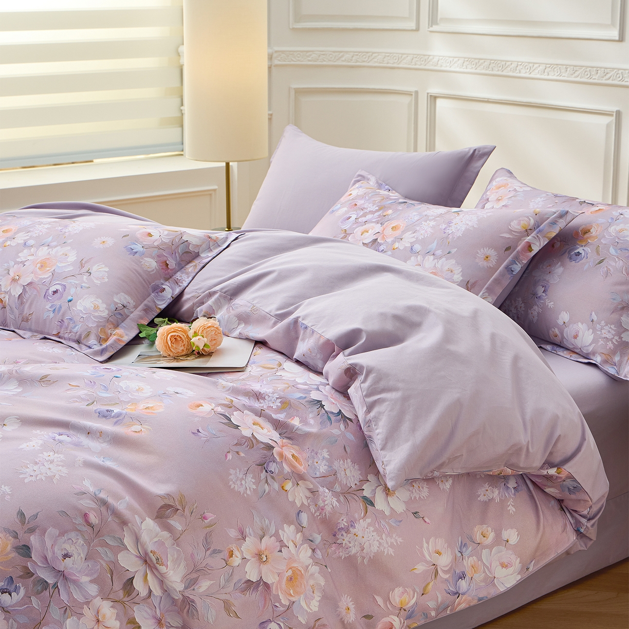 91家纺网 家纺一手货源 找家纺 元元家居（元元被业） 2026新款全棉纯棉13372床盖款四件套-印花款 花漾紫