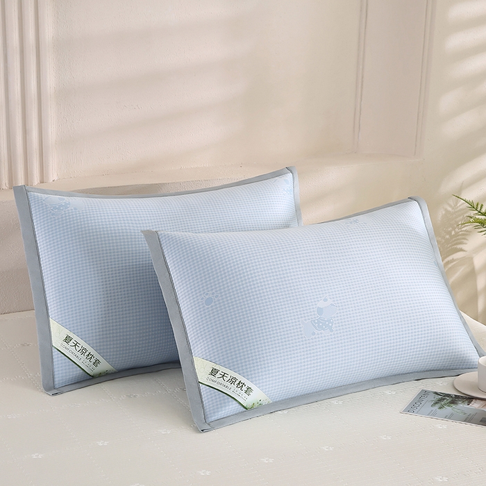 91家纺网 家纺一手货源 找家纺 小牛席业 2026新款腊肠狗格纹提花冰丝夏凉枕套单枕套枕套单件 蓝色