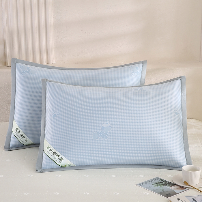 小牛席业 2026新款腊肠狗格纹提花冰丝夏凉枕套单枕套枕套单件 蓝色