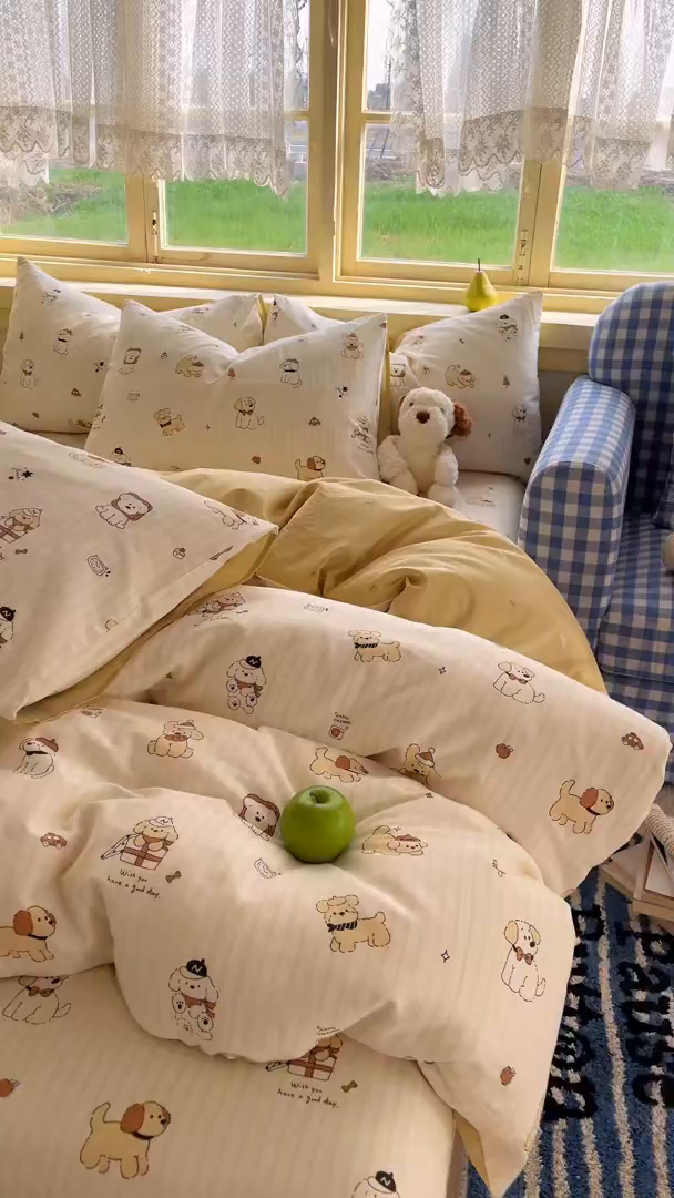 91家纺网 家纺一手货源 找家纺 简约家纺 2026新款全棉斜纹12868四件套系列 可爱萌犬