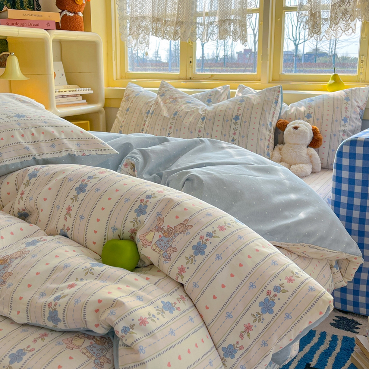 91家纺网 家纺一手货源 找家纺 简约家纺 2026新款全棉斜纹12868四件套系列 蓝茵小兔