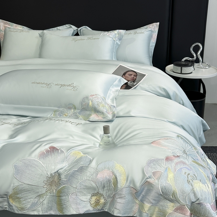 91家纺网 家纺一手货源 找家纺 润锦云 2026新款高支高密刺绣四件套-花溪系列 花溪-天空蓝