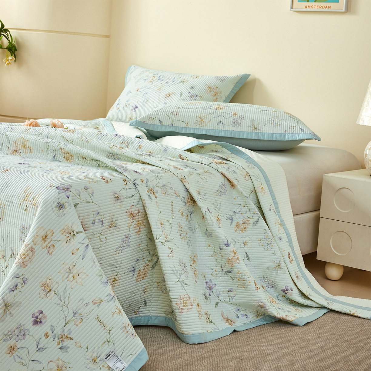 91家纺网 家纺一手货源 找家纺 元元家居（元元被业） 2026新款全棉纯棉13372系列夹棉枕套单件枕套单品单枕套-印花款 春晓绿