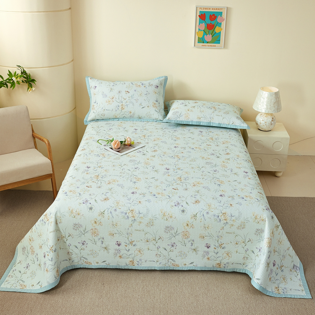 91家纺网 家纺一手货源 找家纺 元元家居（元元被业） 2026新款全棉纯棉13372系列夹棉枕套单件枕套单品单枕套-印花款 春晓绿