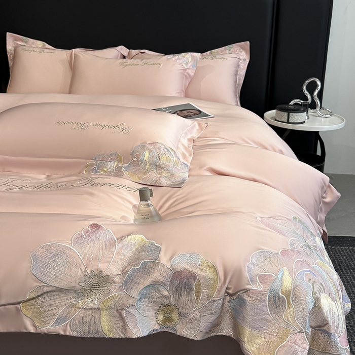 91家纺网 家纺一手货源 找家纺 润锦云 2026新款高支高密刺绣四件套-花溪系列 花溪-樱花粉