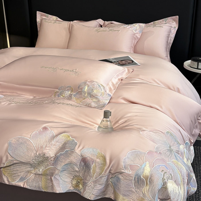 91家纺网 家纺一手货源 找家纺 润锦云 2026新款高支高密刺绣四件套-花溪系列 花溪-樱花粉